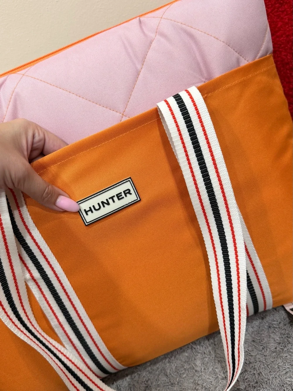 Hunter Pink and Orange Striped-Handle Outdoor Blanket Tote